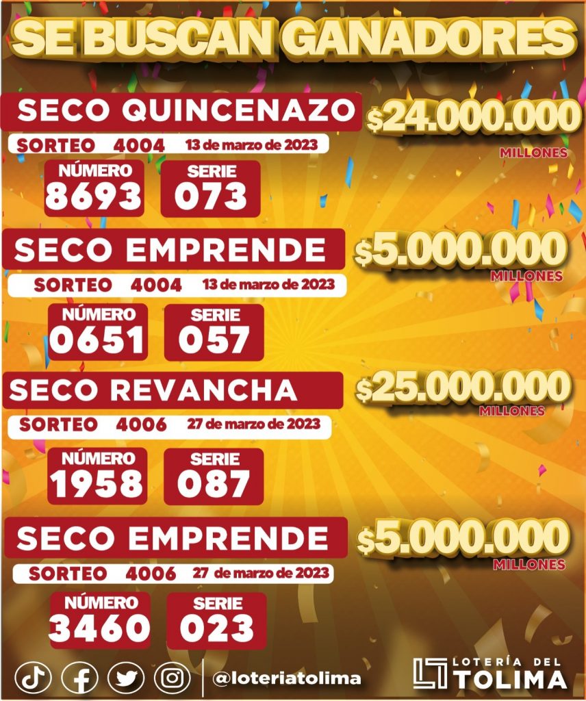 Se buscan ganadores de la Lotería del Tolima que aún no reclaman sus premios