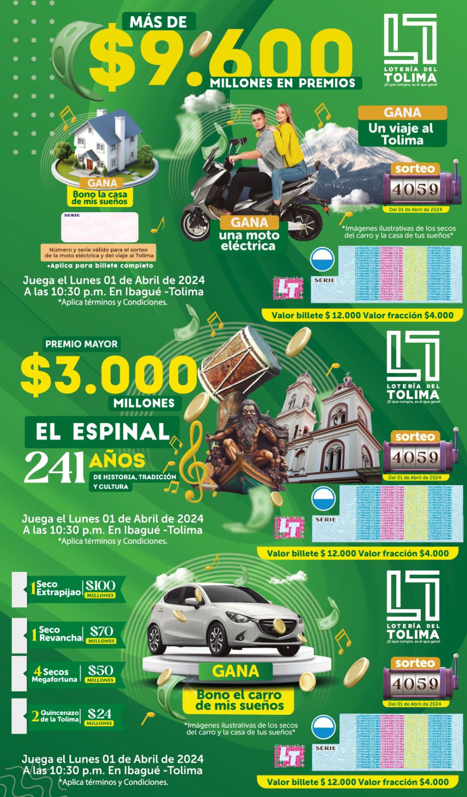 Lotería del Tolima expidió billete en honor al cumpleaños 241 de El Espinal