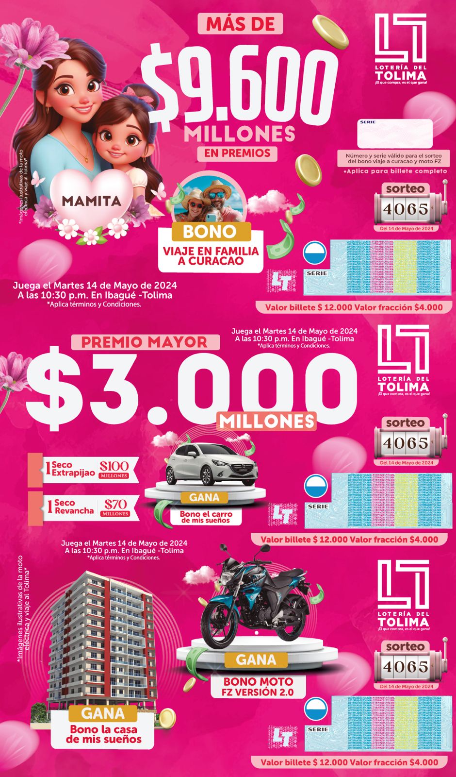 Lotería del Tolima expide billete en honor al mes de las madres