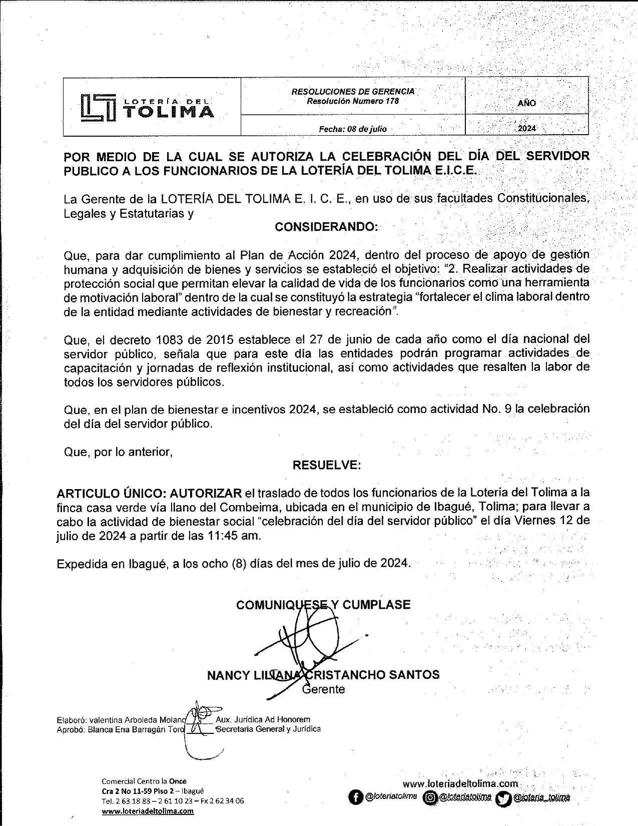 Resolución Gerencia  # 178